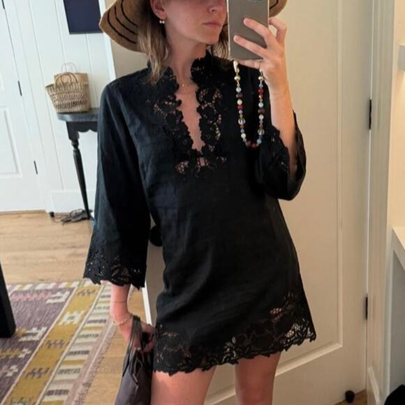 Doen Dresses & Skirts - NWT Doen Roselie Linen Lace Crochet Collar 3/4 Sleeve Tunic Mini Dress Black